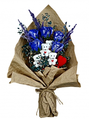 Parlayan Mavi gül ve Ayıcık Buketi