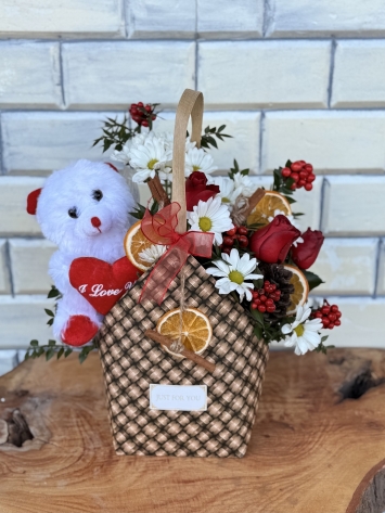 Çanta ayıcıklı Kokina gül ve papatya 